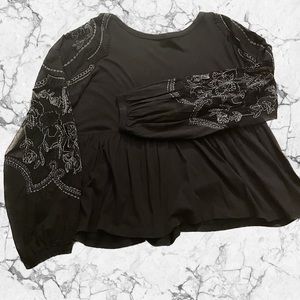 FREE PEOPLE * Metallic Embroidered Mesh ‘Penny tee' Peplum Top/ black